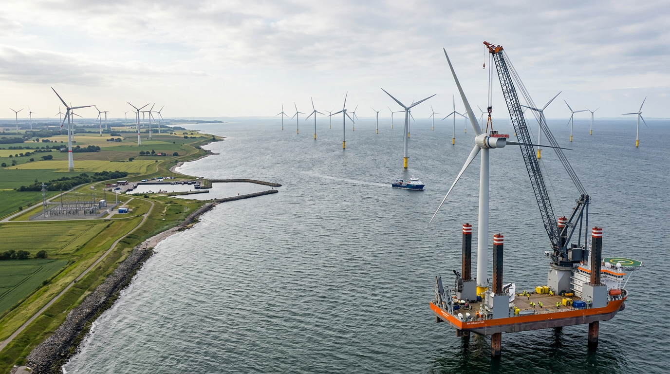 Scene illustrating Renewable Energy sector: European Wind Additions Rise 30% to 8.8 GW in First Half of 2026. Europe exp