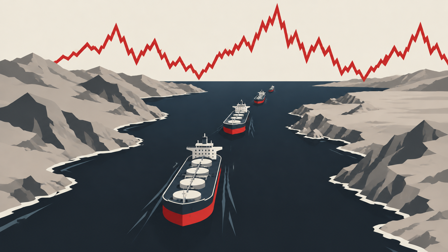 Flat geometric illustration of oil tankers queuing through the Strait of Hormuz chokepoint beneath a volatile red market price line.